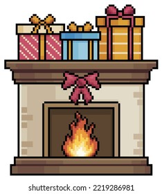 Pixel art fireplace with christmas gifts, christmas decoration vector icon for 8bit game on white background
