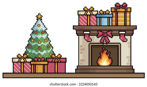 Pixel art fireplace and christmas tree with gifts over base background vector for 8 bit game
