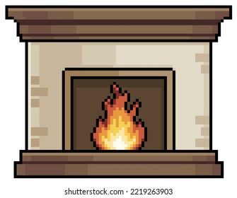 Pixel art fireplace with fire, burning fireplace vector icon for 8bit game on white background