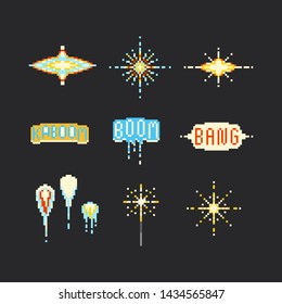 Pixel art firework element set.8bit.