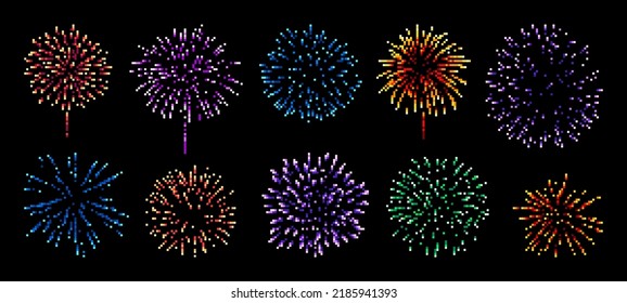 Pixel art firework explosion. 8bit game asset. Party firework explosion 8 bit arcade pixel asset, New Year holiday celebration, carnival firework cubic pixel burst retro game isolated vector asset