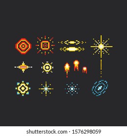 Pixel art firework icon set.