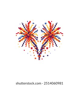 Pixel Art Fireworks in Heart Shape. Vector illustration design.