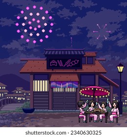 pixel art of fireworks night sky