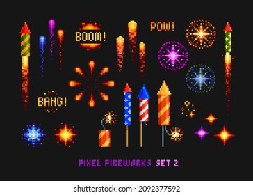 Pixel Art Fireworks vector set of petard, rockets, sparkles stars and explosion flashes. Pixelated colorful boom and bang Firecrackers in 8-bit retro game style. Celebration pyrotechnics pixel set
