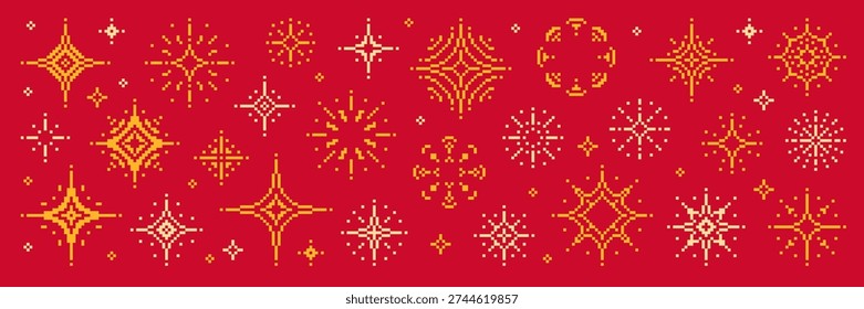 Pixel art fireworks with yellow and white explosions on a red background. Retro 8-bit digital firecrackers. Happy New Year, Christmas.