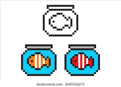 Pixel art fish in bowls. Includes colorful and outline versions in retro 8-bit style.