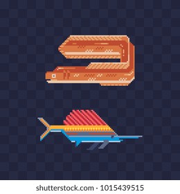 Pixel art fish icon set. Eel and tropical underwater fish. Video game sprite. Isolated vector illustration. 