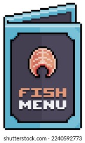 Pixel art fish menu, paper menu vector icon for 8bit game on white background
