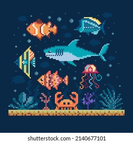 Pixel art fishes on ocean bottom. 8 bit game marine life location with coral fish, white shark, crab and jellyfish 2D sprites for underwater adventure videogame. Seabed with fauna and flora.