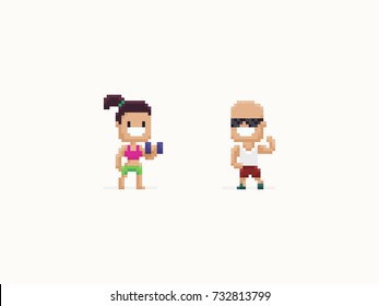 Pixel art fitness characters, male and female