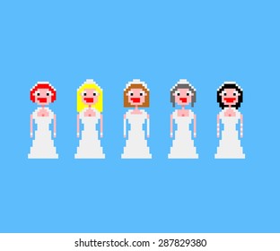 Pixel art with five brides in white dresses and different colours of hair