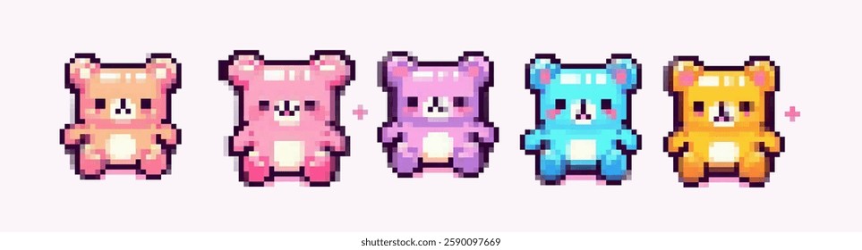 Pixel art of five colorful bears in pastel shades, arranged in a row. Each bear has a glossy finish, highlighting a cute and playful appearance against a light background.