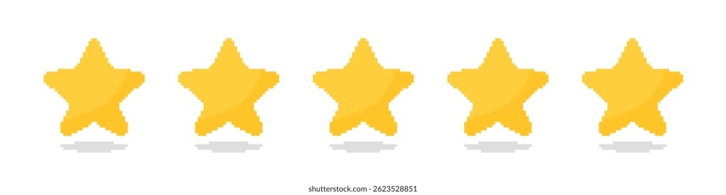 Pixel art five-star rating. Yellow 8-bit style stars on white background with shadows. Ideal for retro games, apps, and reviews.