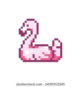 Pixel Art Flamingo Swim Ring Icon. Vector Y2K 8Bit Sticker of Pool Float. Cute Water Party Inflatable Video Game Element for Summer Design.