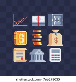 Pixel art flat business icons set. Money symbols. Bank, diagram, coins, safe, bundle of banknotes, calculator and money bag. Isolated vector illustration. 8-bit sprite.  Game assets.