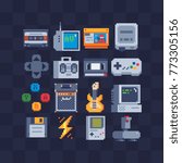 Pixel art flat icons set. Retro technology, computer, joystick, cassette, tape recorder. Retro style 80s. Accessories for consoles. Design apps. Game assets. Isolated abstract vector illustrations.