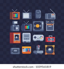 Pixel art flat icons set. Retro technology, computer, joystick, old tv, cassette, tape recorder. Retro style 80s. Accessories for consoles. Design music app. Game assets. Isolated vector illustrations