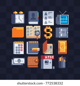 Pixel art flat icons set. Office stationery. Phone book, safe with money and gold bar, file folders, dollar badge. 8-bit sprite. Web site design. Game assets. Isolated abstract vector illustration.
