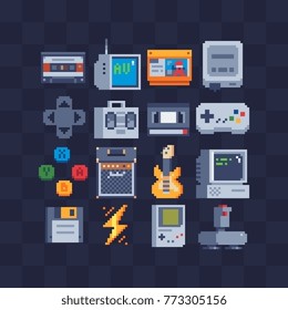 Pixel art flat icons set. Retro technology, computer, joystick, cassette, tape recorder. Retro style 80s. Accessories for consoles. Design apps. Game assets. Isolated abstract vector illustrations.