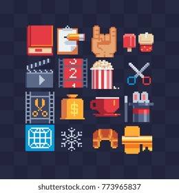 Pixel art flat icons set. Gallery of films. Movie, cinema logo. Red book, scissors, money bag, magic wand and hat. Design apps. 8-bit sprite. Game assets. Isolated abstract vector illustrations.