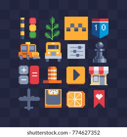 Pixel art flat icons set. Taxi car, chess pawn and play buttons. Store icon, market. Design apps. 8-bi sprite. Game assets. Isolated abstract vector illustrations.