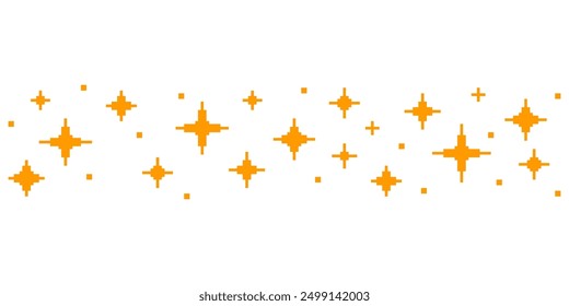 Pixel art flat simple vector illustration of golden sparkling stars seamless border. 8bit retro video game style. Horizontal starry line.