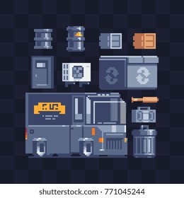 Pixel art flat style icons set. Air conditioner, garbage container, safe and truck. Stickers design. Game assets. 8-bit. Isolated vector illustration.