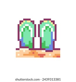 Pixel Art Flip Flops Icon. Vector Y2K 8Bit Sticker of Summer Sandals. Cute Green Beach Shoes Video Game Element for Relaxing Vacation Design.