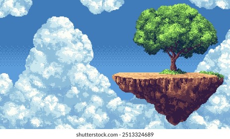 pixel art ilha flutuante, fundo de nível de jogo de 8 bits, imagem de jogo de vídeo 2d retro, plataforma voadora com árvore, nuvens. ilustração vetorial