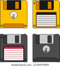 Pixel art floppy disk collection. Black and yellow diskettes front and back views