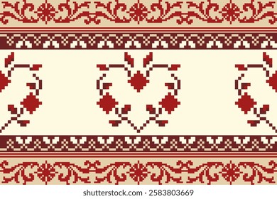 Pixel art floral and geometric pattern with decorative borders in pink and red tones on beige background. Ideal for fabric and wallpaper designs.