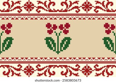 Pixel art floral and geometric pattern with decorative borders in pink and red tones on beige background. Ideal for fabric and wallpaper designs.