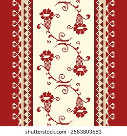 Pixel art floral and geometric pattern with decorative borders in pink and red tones on beige background. Ideal for fabric and wallpaper designs.