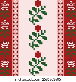 Pixel art floral and geometric pattern with decorative borders in pink and red tones on beige background. Ideal for fabric and wallpaper designs.