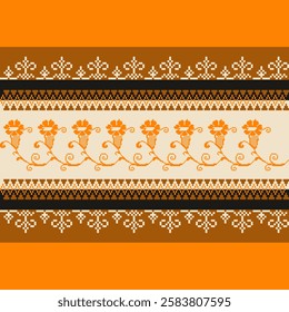 Pixel art floral and geometric pattern with decorative borders in orange and yellow tones on beige background. Ideal for fabric and wallpaper designs. 