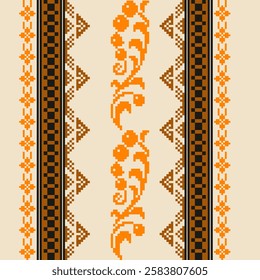 Pixel art floral and geometric pattern with decorative borders in orange and yellow tones on beige background. Ideal for fabric and wallpaper designs. 