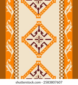Pixel art floral and geometric pattern with decorative borders in orange and yellow tones on beige background. Ideal for fabric and wallpaper designs. 
