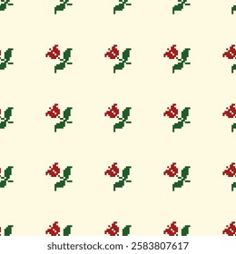 Pixel art floral and geometric pattern with decorative borders in orange and yellow tones on beige background. Ideal for fabric and wallpaper designs. 
