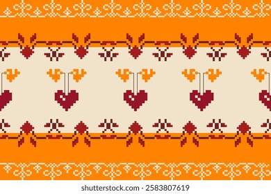 Pixel art floral and geometric pattern with decorative borders in orange and yellow tones on beige background. Ideal for fabric and wallpaper designs. 