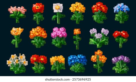 Pixel art floral icon set with vector illustrations. Abstract spring and summer patterns featuring wildflowers, sunflowers, roses, and cornflowers.