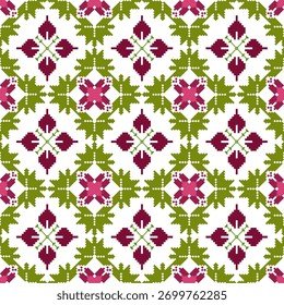 Pixel Art Floral Repeat: Padrão contínuo de 8 bits no estilo de ponto de cruz. Apresenta flores geométricas e folhas em magenta profundo, borgonha e verde-oliva em branco. Ideal para tecidos festivos e outros.