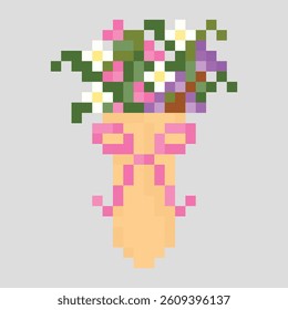 Pixel Art Flower Bouquet in a Peach Vase with Pink Ribbon and Colorful Blossoms for Decor or Digital Crafts