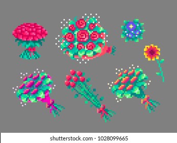Buquetes de flores de arte de Pixel. Ilustración vectorial.