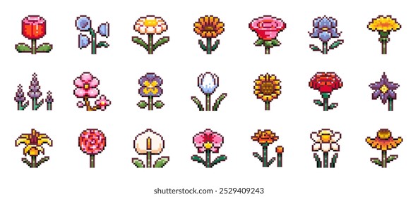 Pixel Art Flower Collection: Girassol, rosa, tulipa, lírio, orquídea, lavanda, íris, Sakura, Daisy, daffodil. Elementos gráficos de planta de 8 bits vermelho, branco, azul, roxo para primavera, desenhos florais de verão. 