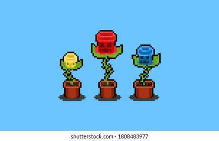Pixel art flower monster character set.