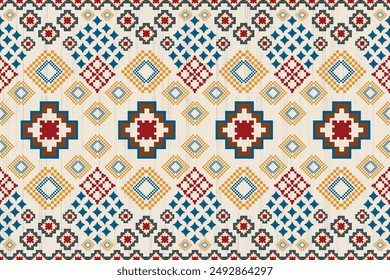 Pixel  art flower on crem color background wallpaper oriental seamless pattern.ornament. Ethnic .decor style.  geometric ornament. Vector seamless pattern.  blanket, rug. Woven carpet fabric