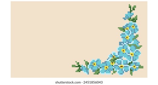 Pixel art flower ornament corner, decoration, background for wedding,card invitation, pink roses	