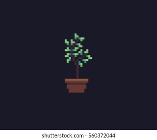 Pixel art flower in a pot isolated on dark background