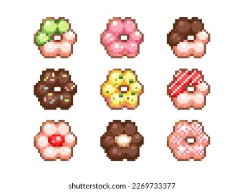 Pixel art flower shaped donuts. Japanese Ube Mochi in vintage 8 bit mosaic style for stickers, icons, logo, and decorative elements. Vector video game set of sweet dessert food.